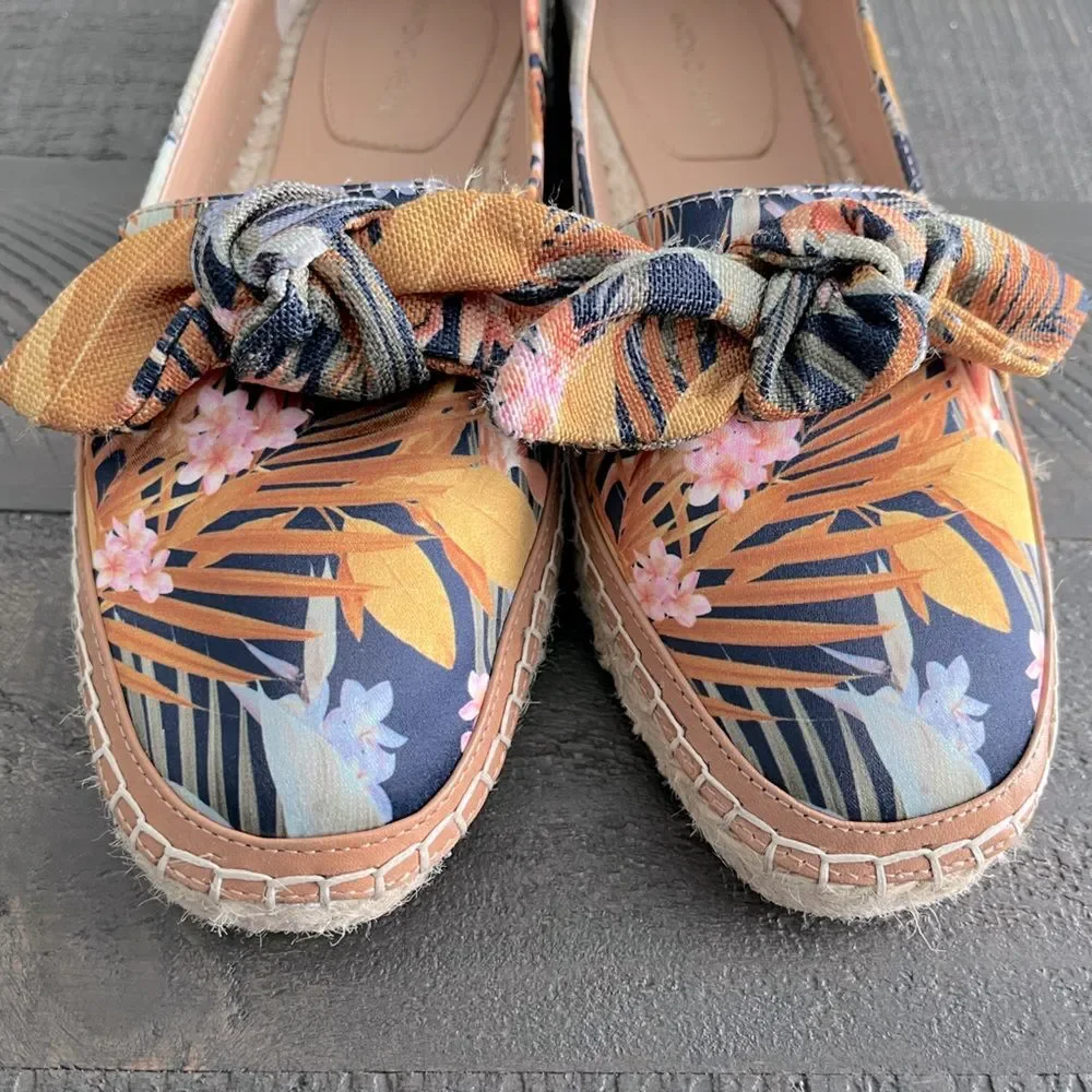 Floral Espadrille Loafers Womens 8 Bow Slip On Tropical Vacation Shoes